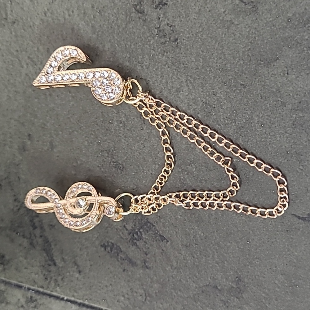 🎼 Gold Musical Brooch with 3 Deco Chains and Rhinestones 🎼